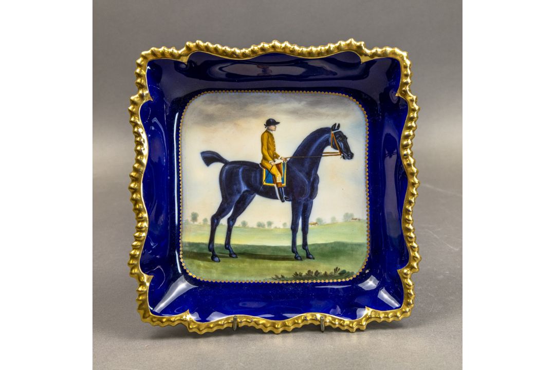 Royal Worcester square bowl depicting a race horse and jockey, by artist Harry Davis, cobalt blue - Image 2 of 8