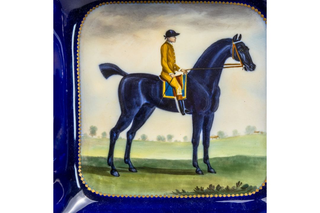 Royal Worcester square bowl depicting a race horse and jockey, by artist Harry Davis, cobalt blue - Image 4 of 8
