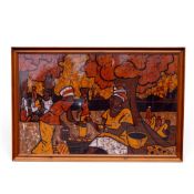 A framed African Batik artwork, depicting two ladies selling fruit on the side of the street.