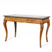 A good late 19th century French marquetry inlaid single drawer centre table, with brass mounted top,