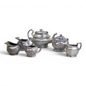 Late 19th/early 20th century ceramic chrome Lustre glaze tea pot, covered hexagonal, fluted sugar