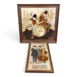 Mid 20th century framed Majolica tile panels, both depicting street musicians performing. (