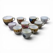 A collection of 19th century porcelain tea cups in various patterns from different manufacturers,