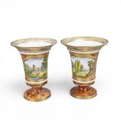 Early 19th century porcelain spill vases, with flared rims, featuring detailed pastoral scene within