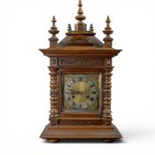 Victorian walnut mantle clock, carved architectural case, silvered & gilt dial, movement marked