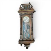 19th century Vienna wall clock, in carved walnut case, h.150 x w.48cm.