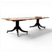 Mahogany twin pillar pedestal dining table with brass castors & leaf, excluding leaf, H78cm x L253cm