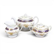 Wedgwood & Bentley Dynasty gold tea pot, covered sugar bowl and milk jug, tea pot h.14cm.