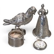 A collection of Silver items, including candlesnuffer as a lady in a dress, 58.7g, white metal model