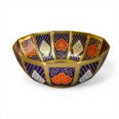 Caverswall Fine Bone China 'Romany' patterned Polygon footed bowl. Heavy gilt design with navy