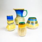 Shelley Drip Ware large jug and volcano vase with two smaller vases, part of the Harmony Range Art