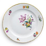 White porcelain Bing & Grøndahl Danish floral charger with a delicate basketweave rim and gold