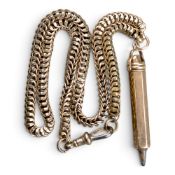9ct gold 19th century chain (clip not gold), together with 9ct gold cased pencil, gross weight 33.