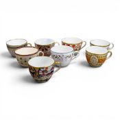 A collection of 19th century porcelain tea cups in various patterns from different manufacturers,