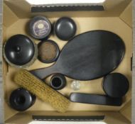 Ebony Dressing Table Set to include:- Clothes Brushes, Handled Mirror, Lidded Glass Jar, Hat Pin
