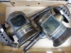 Two Brass coach lanterns, converted to electrical fittings(untested) , height 49cm, one repaired,