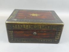 Victorian style Rosewood Writing box with Brass inlay, hinged, broken lock, worn blue velvet