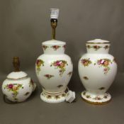 Royal Albert Old Country Roses pattern items to include 2 table lamps and a lamp base (ceramic
