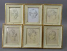 A group of six gold leaf framed small pencil on silk portrait drawings by Rene David. (H: 8.5cm x W: