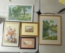 A selection of various pictures framed mounted behind glass depicting poppies, winding rivers,