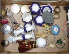 A collection of mixed items to include enamelled scent bottles and trinket boxes, a part dress table