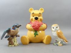 Beswick Barn Owl and Kingfisher together with Disney Ceramic Winnie The Pooh Money Box. Tallest:-