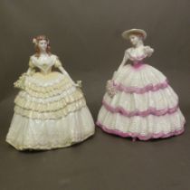 Coalport lady figurines in The Four Flowers collection, Lily CW157 and Carnation CW161 (arm broken),