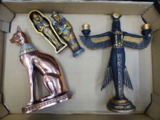 Egypt interest, collection of Egyptian theme resin items to include a Shudehill casket and mummy,