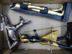 Egypt interest, two resin figures of Egyptian gods, together with a lying Egyptian dog figure,