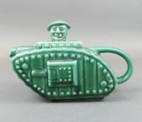 Sadler Earthenware Teapot green glazed depicted as a British World War Tank with a soldiers head