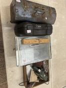 Mixed tools to include a metal tool box and contents, table top tile saw, Bosch belt sander, cased