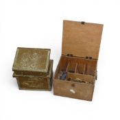Two vintage wooden and brass panelled coal box, with embossed ornate scenes, together with wooden
