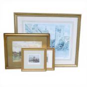 Watercolour painting of haystacks, pair pictures Chester and Cholmondeley castles and large signed