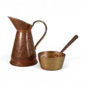 Copper harvest pitcher with brass handle, together with small brass saucepan with metal handle. (
