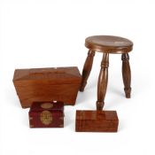 Victorian style farmhouse stool, together with lacquered wooden jewellery box with brass inlay on