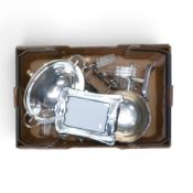 A collection of mainly silver-plated items to include revolving dome breakfast dish, cruet set