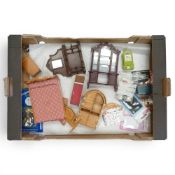 A selection of dolls furniture to include, display dresser, Edwardian style mirror display top, lamp