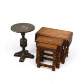 Oak nest of 3 tables, with round occasional table. (tallest: 56cm x D: 39cm) (2)