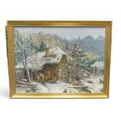 Framed needlepoint artwork titled 'The Forge', depicting detailed snowy winter landscape featuring a