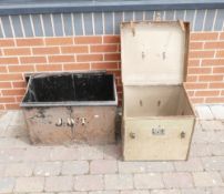 Vintage metal deed or travel trunk, with initials of J.W.T painted on the side, together with