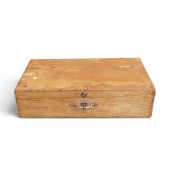 A vintage wooden tool chest, with inner drawer and metal clasp. (H: 18cm W: 76cm D: 43cm)