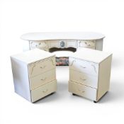 French Louis XIV style kidney-shaped dressing table, with stool, and two matching 3-drawer bedside