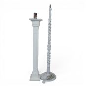 Vintage white floor lamp featuring distinctive barley column-twist, together with white tall slim