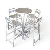 Bolero Poseur table featuring stainless steel top with four leg pedestal base, together with four
