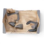 Antique cast iron shoe lasts, together with two Victorian cast iron sad irons. (4)