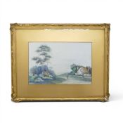 Late 19th/ early 20th century framed watercolour landscape, depicting a tranquil countryside