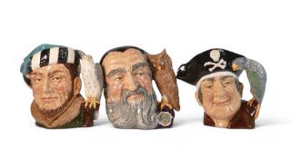 Three Royal Doulton Character Jugs to include The Falconer D6553, Long John Silver D6335 & Merlin
