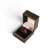 18ct rose gold UK hallmarked Moroccan Amethyst & diamond set dress ring size N/O, Tomas Rae, a large