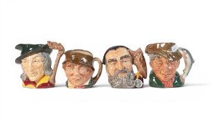Four Small Royal Doulton Character jugs to include Paddy D4753, The Poacher D6464, Pied Piper D 6462