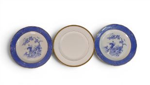 A pair of Furnival's blue & White plates , decorated in an Oriental design with a Geisha carrying